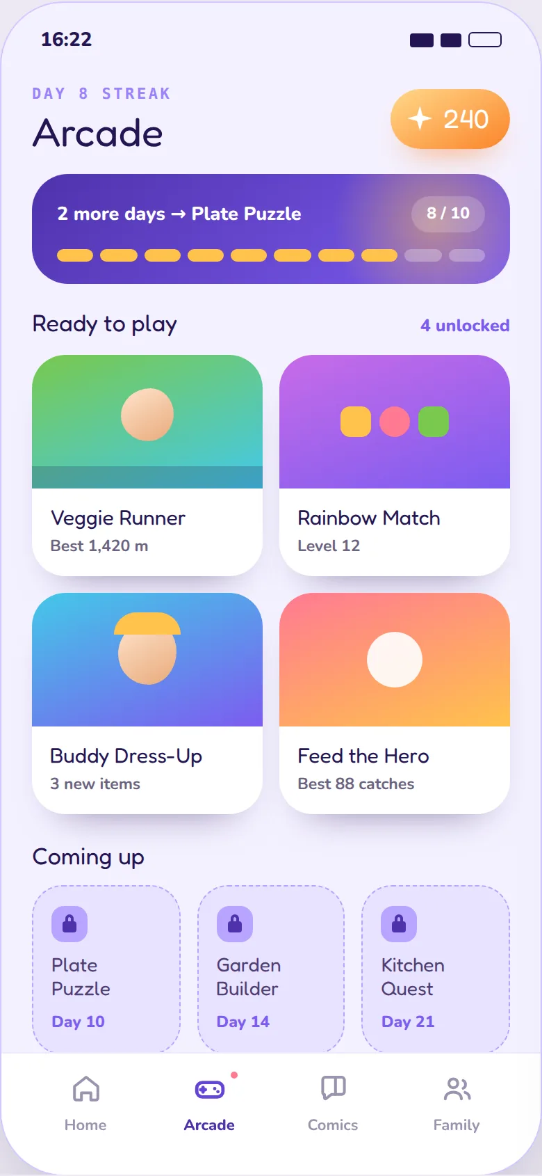 Food Replay Arcade home showing unlocked games, the Sparks wallet and streak progress
