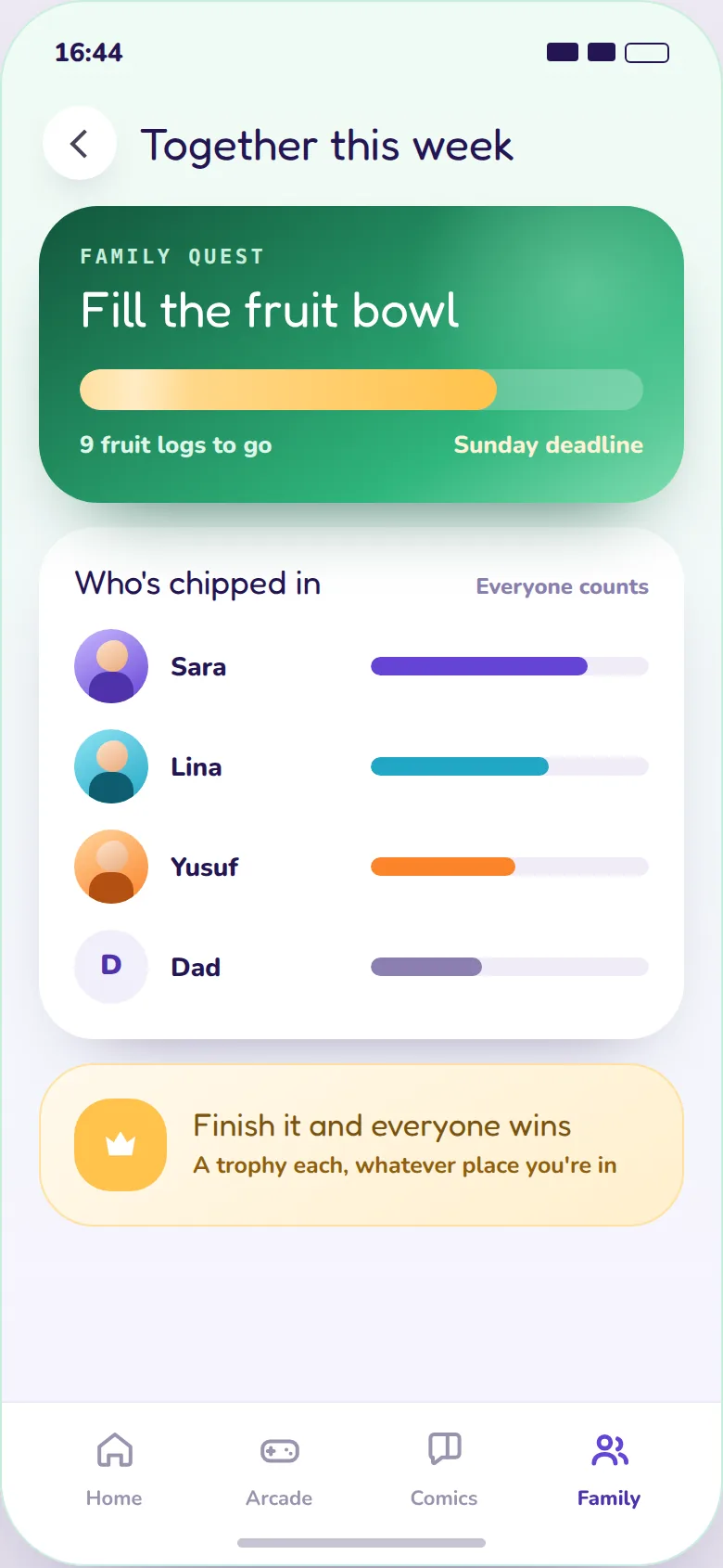 Shared family goal screen where parents and kids work toward one healthy-eating goal together
