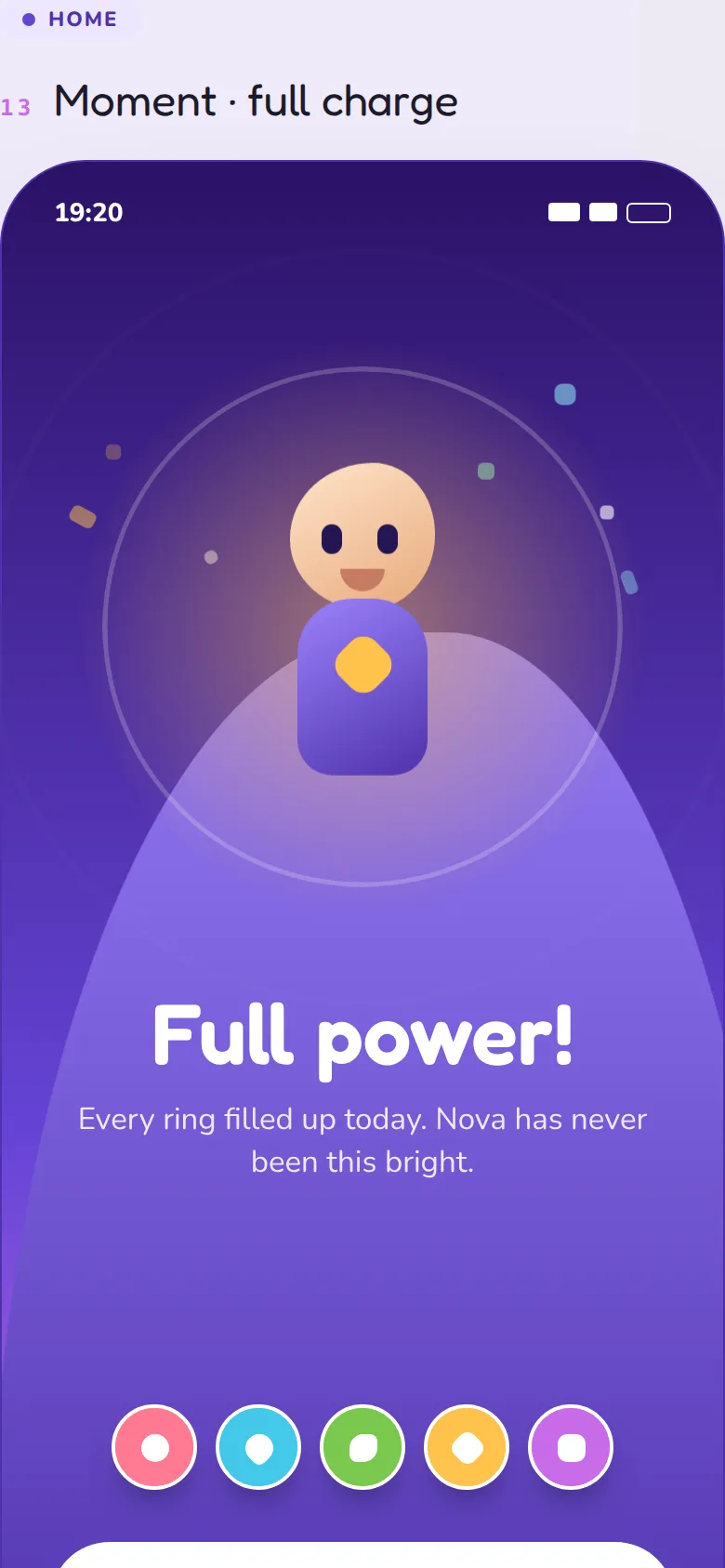 Full charge celebration screen: all five powers filled, Nova glowing with confetti