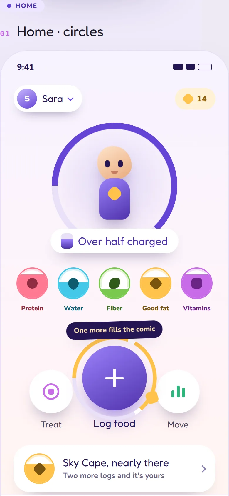 Food Replay on iPhone — Sara's hero with five power rings and Log button