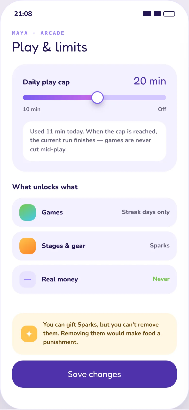 Parent controls screen with play-time caps and arcade windows